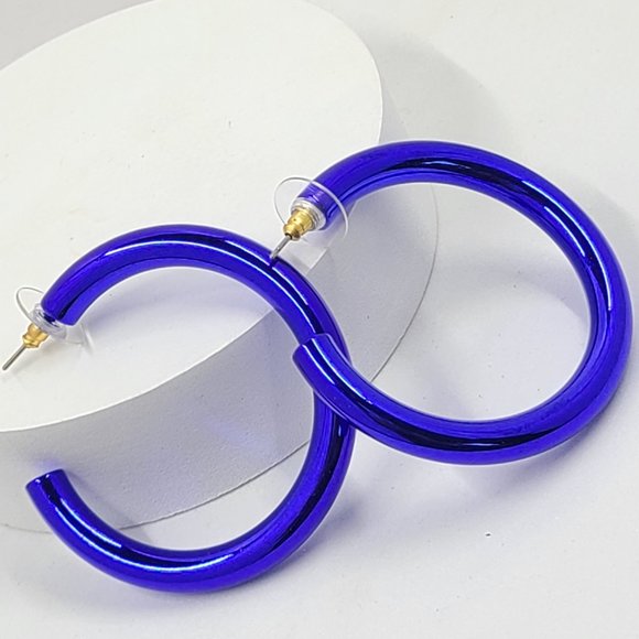 2" 80's Retro Royal Blue Metallic Coating Tube Metal Hoop Earrings - Picture 9 of 11